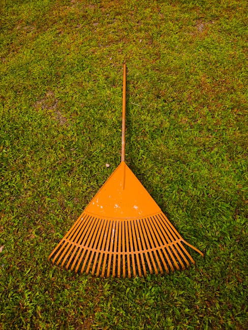 An orange plastic leaf rake with a long wooden handle lying on a evenly mowed lawn with fresh green grass. The lawn shows a uniform texture with some patches of slightly darker or lighter grass, indic