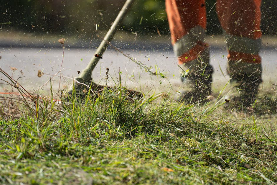 An orange plastic leaf rake with a long wooden handle lying on a evenly mowed lawn with fresh green grass. The lawn shows a uniform texture with some patches of slightly darker or lighter grass, indic